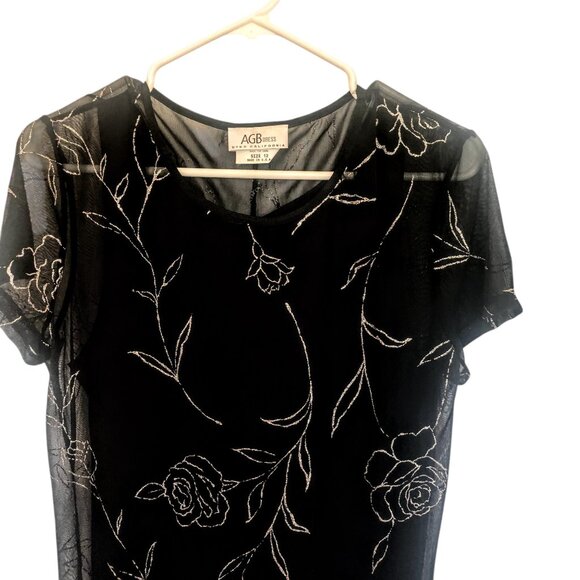 AGB Byer Black Dress VTG Maxi Sheer Overlay Slip Dress Silver Glittery Floral 12 - Picture 2 of 10